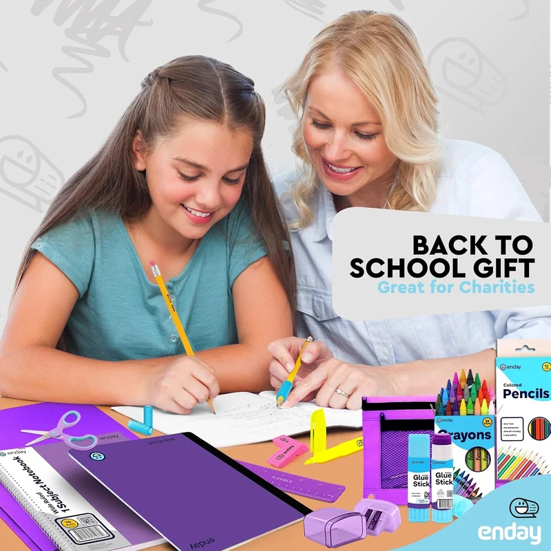 Back to School Supplies for Kids, Purple School Supply Box Premium Quality Kids School Supplies Kit, Kindergarten School Supplies for Girls and Boys, 71 Piece Set - by Enday
