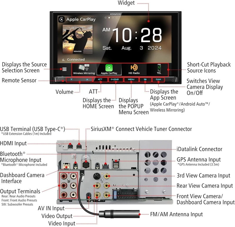 KENWOOD EXCELON Reference 6.8" Full HD Capacitive Touchscreen Car Stereo Receiver, Wireless Apple Carplay/Android Auto, Bluetooth, AM/FM HD Radio, MP3 Player, USB Port, Double DIN, SiriusXM