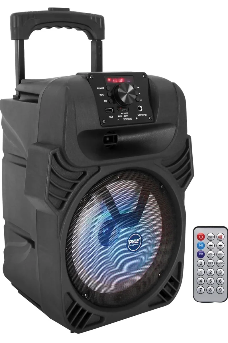 Rechargeable 8" Portable Bluetooth Speaker 500W Indoor/Outdoor Karaoke Machine Sound System - Multi-Color LED Party Lights, Mic Input, FM Radio, MP3/USB & Remote Control (Black)