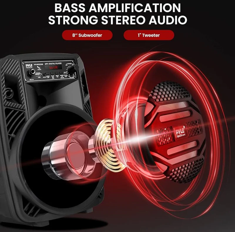 Rechargeable Bluetooth 300W Outdoor Bluetooth Speaker Portable PA System w/ 8” Subwoofer 1” Tweeter, Microphone In, Party Lights, MP3/USB, Radio, Remote
