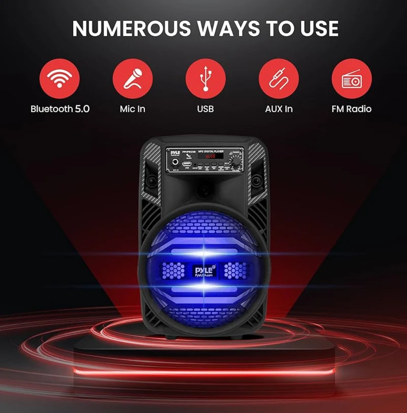 Rechargeable Bluetooth 300W Outdoor Bluetooth Speaker Portable PA System w/ 8” Subwoofer 1” Tweeter, Microphone In, Party Lights, MP3/USB, Radio, Remote