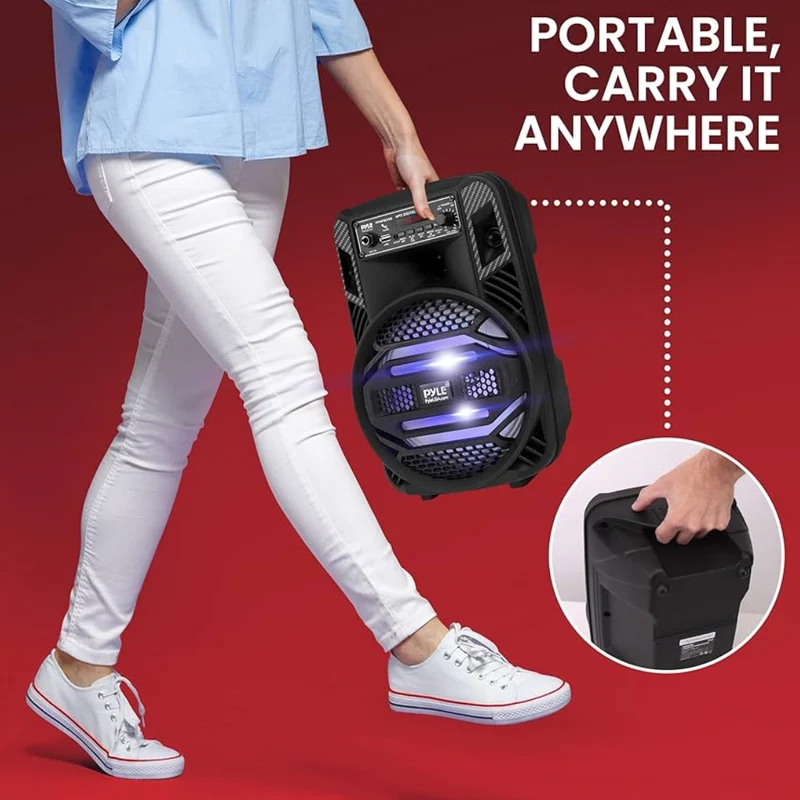 Rechargeable Bluetooth 300W Outdoor Bluetooth Speaker Portable PA System w/ 8” Subwoofer 1” Tweeter, Microphone In, Party Lights, MP3/USB, Radio, Remote