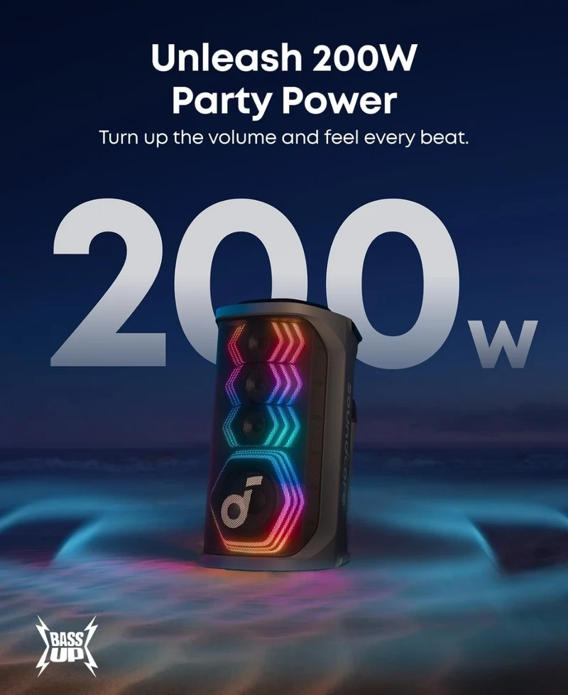 Soundcore Rave 3S AI Party Speaker with 2 Wireless Microphones, 200W Sound, AI Vocal Removal, Reverb, Light Show, 12H Playtime, Portable Bluetooth PA System for Home, Party, or Backyard