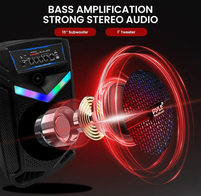 Portable Bluetooth PA Speaker - 1200W Rechargeable Outdoor Bluetooth w/ 15” Subwoofer 1” Tweeter, Recording Function Mic In Party Lights USB/SD Radio PPHP1542B