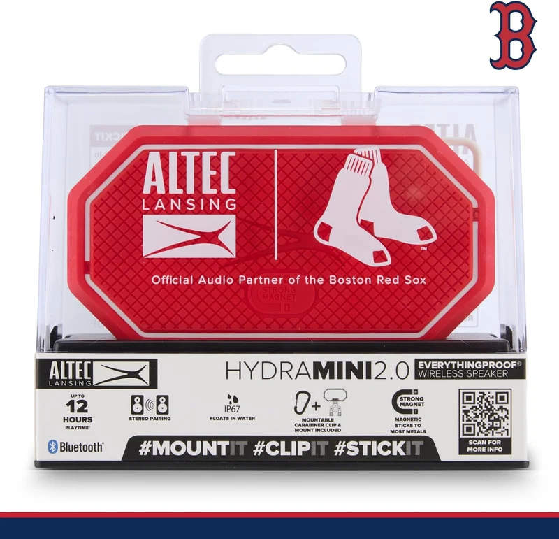 Altec Lansing x Boston RED SOX - Portable Bluetooth Speaker HYDRAMINI 2.0, IP67 Waterproof, 8W Output, 12h Playtime, USB-C Quick Charge, Voice Assistant Integration (Boston Red Sox)