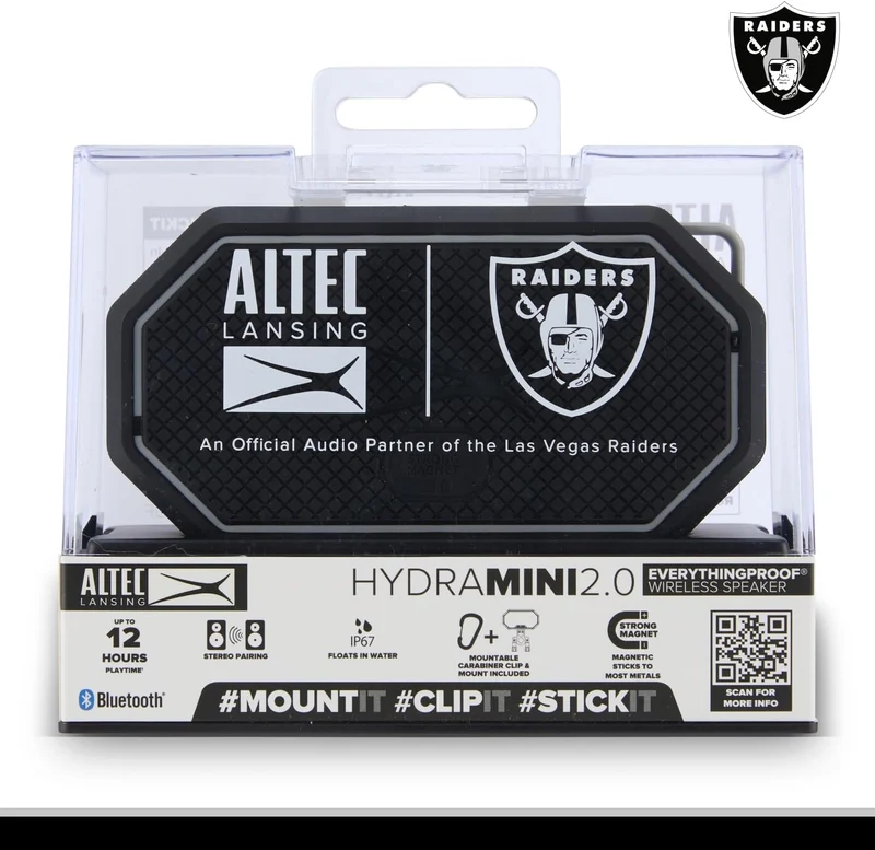 Altec Lansing x LAS Vegas Raiders - Portable Bluetooth Speaker HYDRAMINI 2.0, IP67 Waterproof, 8W Output, 12h Playtime, USB-C Quick Charge, Voice Assistant Integration (Las Vegas Raiders)