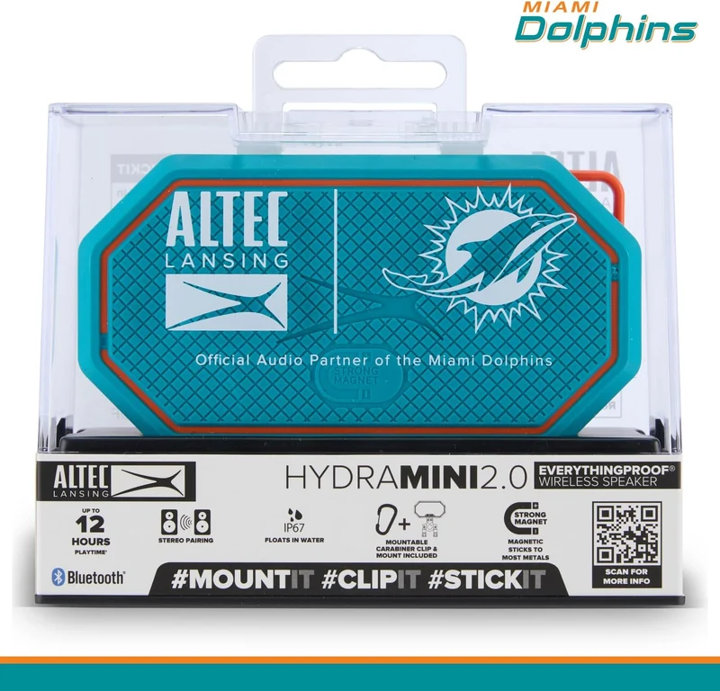 Altec Lansing x Miami Dolphins - Portable Bluetooth Speaker HYDRAMINI 2.0, IP67 Waterproof, 8W Output, 12h Playtime, USB-C Quick Charge, Voice Assistant Integration (Miami Dolphins)
