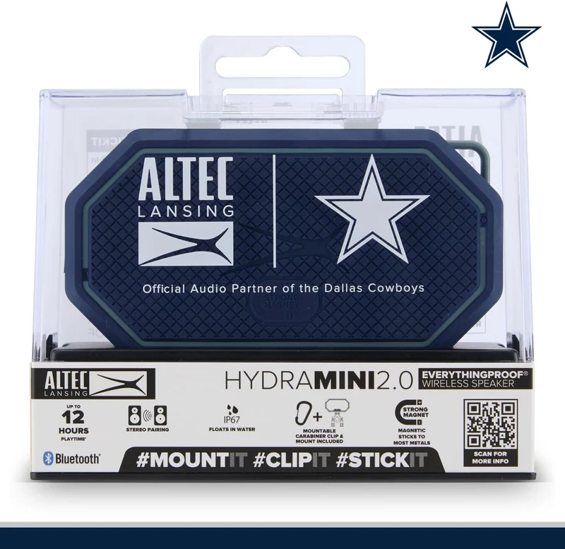 Altec Lansing x Dallas Cowboys - Portable Bluetooth Speaker HYDRAMINI 2.0, IP67 Waterproof, 8W Output, 12h Playtime, USB-C Quick Charge, Voice Assistant Integration (Dallas Cowboys)