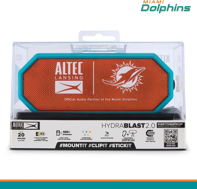 Portable Bluetooth Speaker HYDRABLAST 2.0, Waterproof IP67, 20W Output Power, Magnetic Bluetooth Speaker (Miami Dolphins)