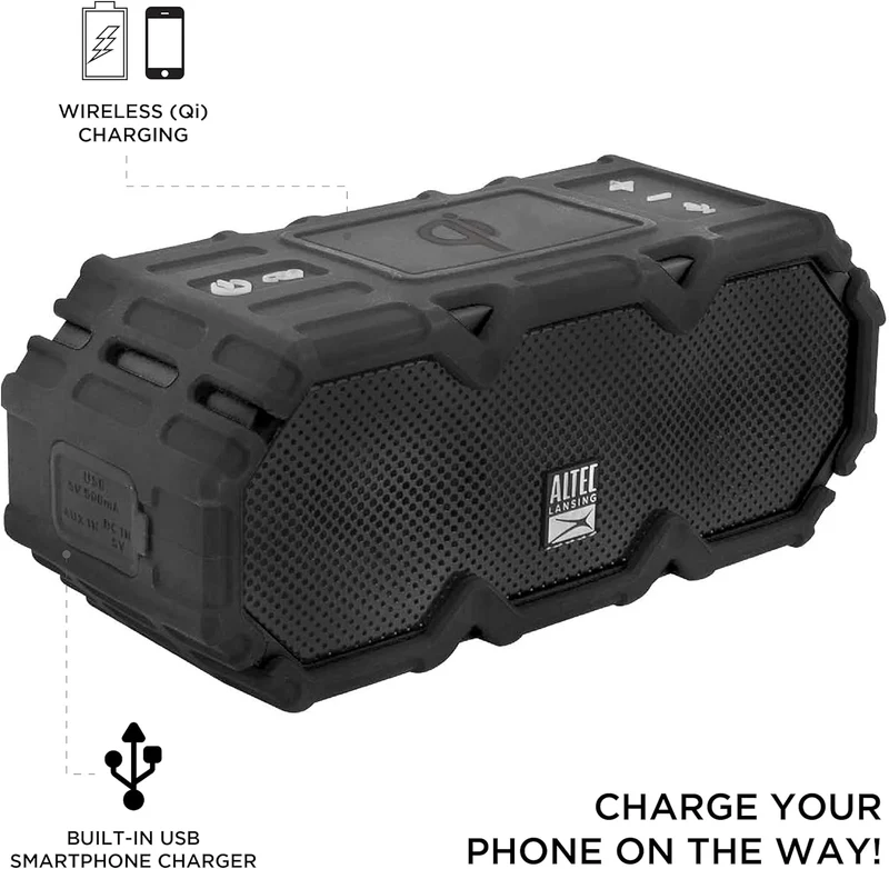 Altec Lansing LifeJacket - Waterproof Bluetooth Speaker, Durable & Portable Speaker with Qi Wireless Charging and Voice Assistant, Black