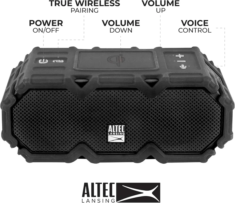 Altec Lansing LifeJacket - Waterproof Bluetooth Speaker, Durable & Portable Speaker with Qi Wireless Charging and Voice Assistant, Black