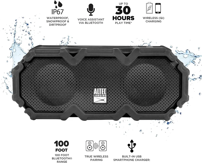 Altec Lansing LifeJacket - Waterproof Bluetooth Speaker, Durable & Portable Speaker with Qi Wireless Charging and Voice Assistant, Black