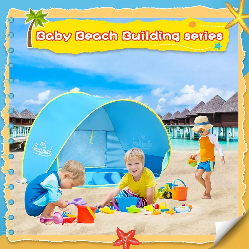 Beach Tent with Beach Sand Toys Pop Up Portable Shade Pool UPF50+ UV Protection Sun Shelter for Infant with Easy Set Up Canopy (Blue with Toys)