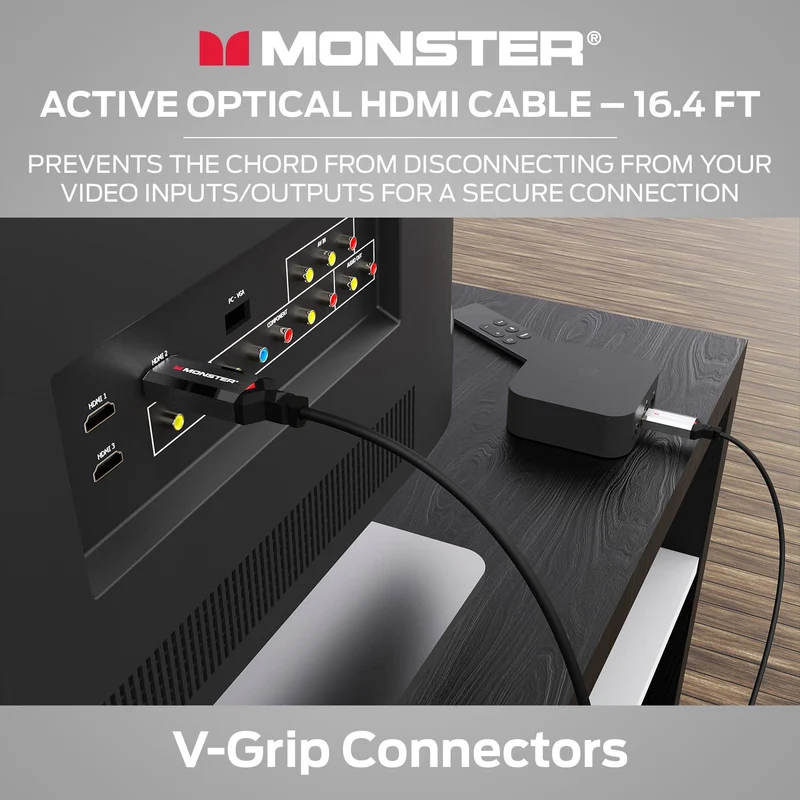Monster Essentials Directional Fiber Optic HDMI 2.1-48 Gbps Active Optical Cable Featuring Aluminum Extrusion Connector - Supports 8K @ 60HZ, 4K @ 120HZ, Premium Certified, V-Grip, 16.4ft