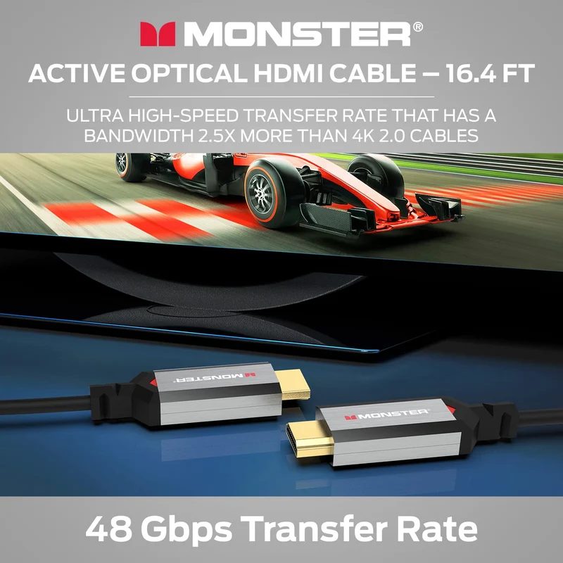 Monster Essentials Directional Fiber Optic HDMI 2.1-48 Gbps Active Optical Cable Featuring Aluminum Extrusion Connector - Supports 8K @ 60HZ, 4K @ 120HZ, Premium Certified, V-Grip, 16.4ft
