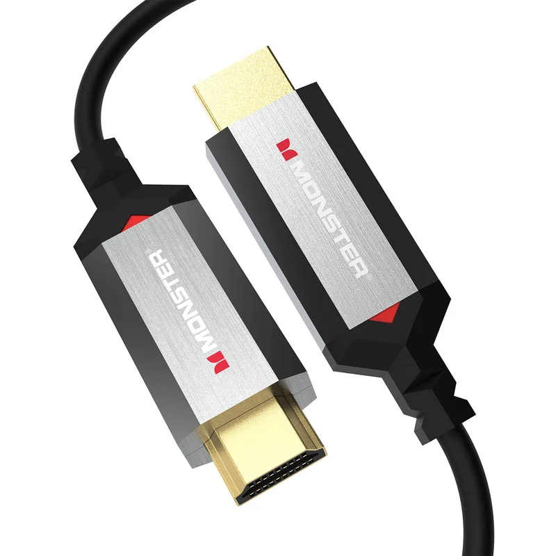 Monster Essentials Directional Fiber Optic HDMI 2.1-48 Gbps Active Optical Cable Featuring Aluminum Extrusion Connector - Supports 8K @ 60HZ, 4K @ 120HZ, Premium Certified, V-Grip, 20ft