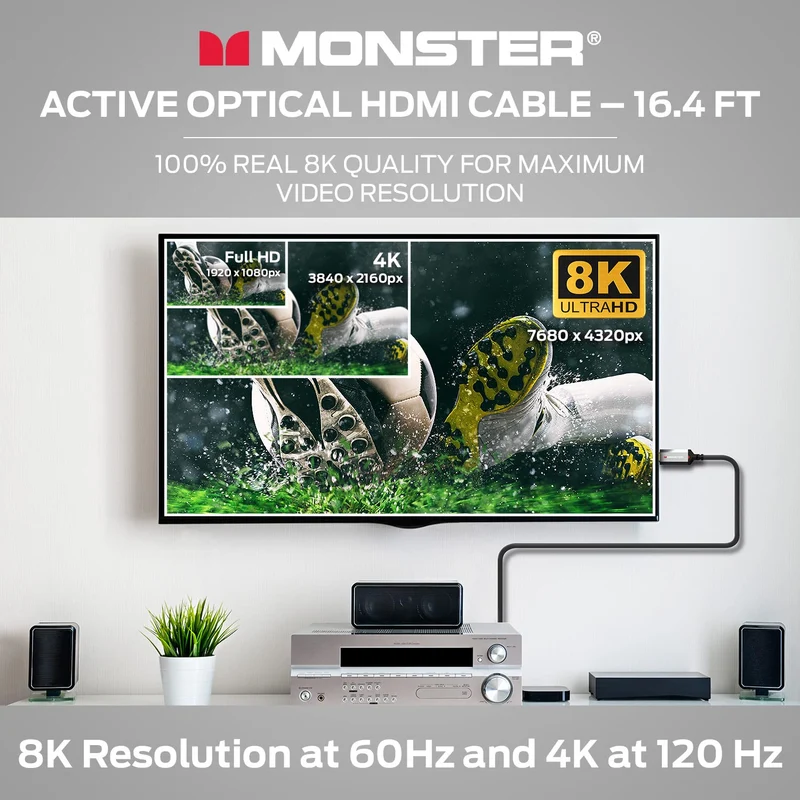Monster Essentials Directional Fiber Optic HDMI 2.1-48 Gbps Active Optical Cable Featuring Aluminum Extrusion Connector - Supports 8K @ 60HZ, 4K @ 120HZ, Premium Certified, V-Grip, 20ft