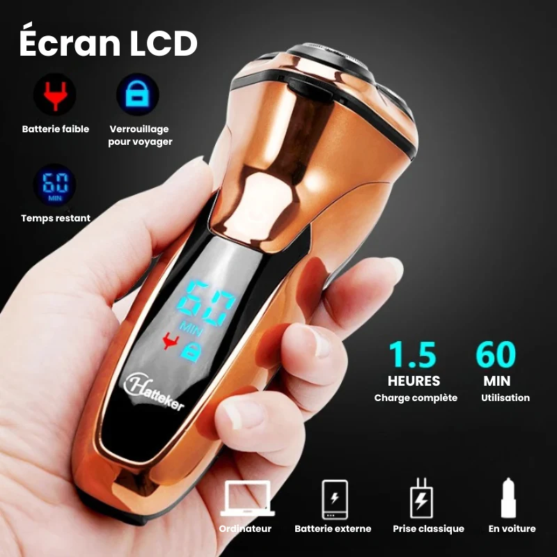 Rasoir électrique 3 têtes sans-fil avec écran LCD 2 en 1