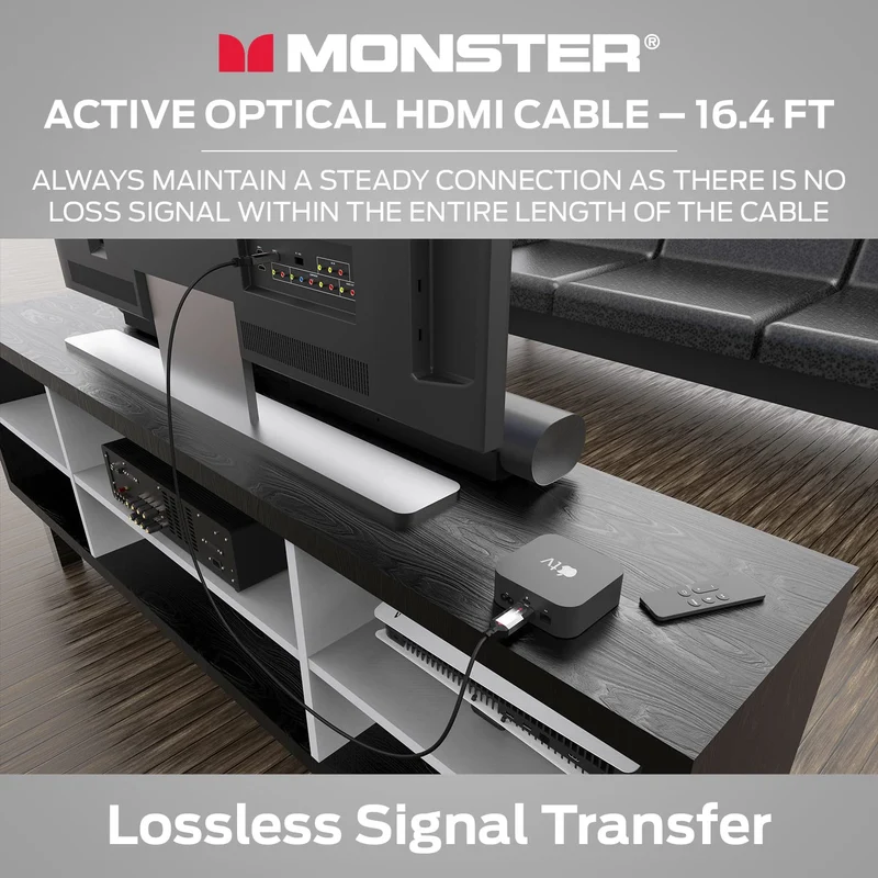 Monster Essentials Directional Fiber Optic HDMI 2.1-48 Gbps Active Optical Cable Featuring Aluminum Extrusion Connector - Supports 8K @ 60HZ, 4K @ 120HZ, Premium Certified, V-Grip, 32.8ft