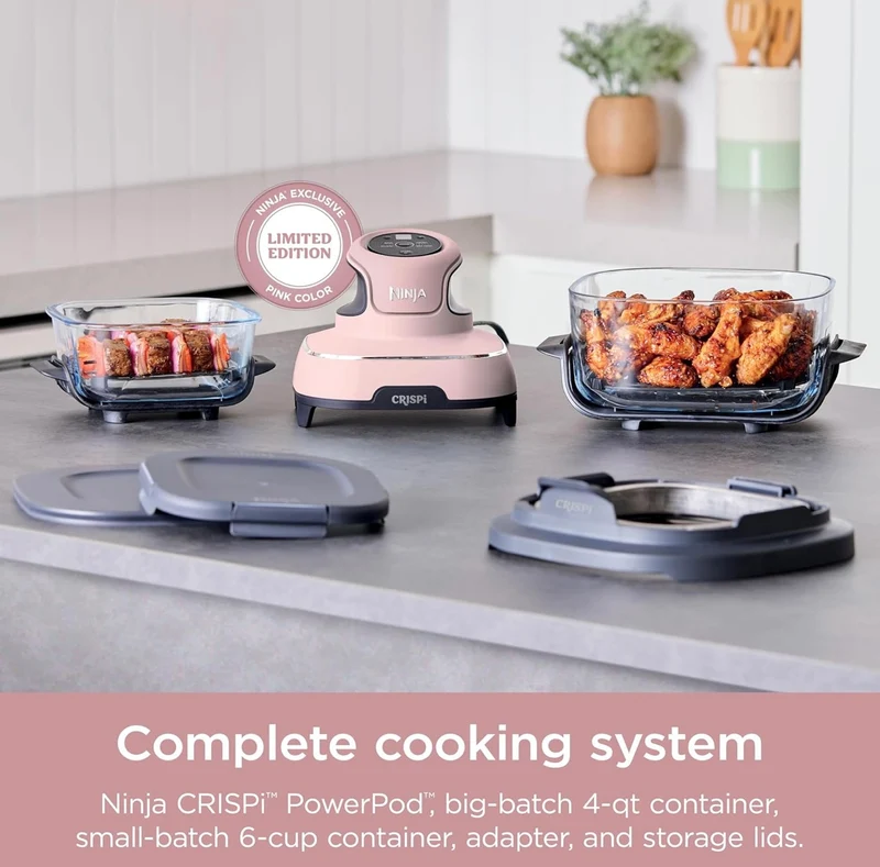 Ninja Crispi 4-in-1 Portable Glass Air Fryer Cooking System, 4 QT & 6 Cup Glass Containers with Storage Lids- Pink, FN101PK