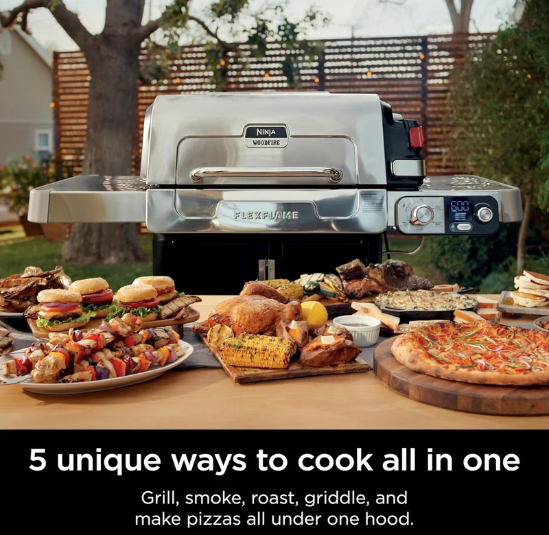 Ninja FlexFlame, Grill and Smoker, Electric and Propane Grill, Roaster, BBQ Grill, 5-in-1 Cooking System, 3 Burner, Digital Control, Outdoor Cooking, Griddle, Pizza Maker - Stainless Steel (PG301)