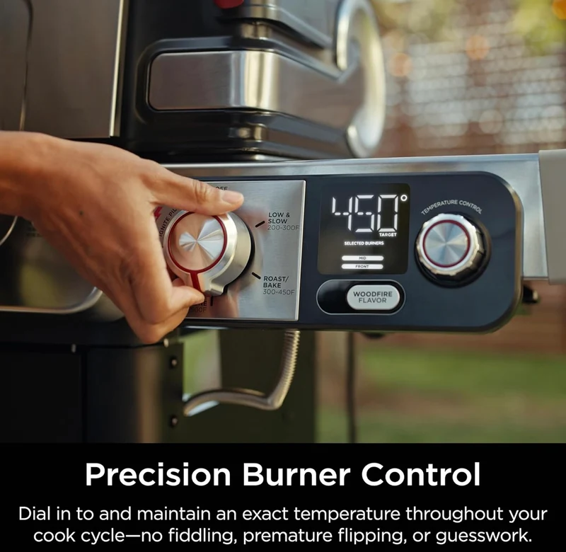 Ninja FlexFlame, Grill and Smoker, Electric and Propane Grill, Roaster, BBQ Grill, 5-in-1 Cooking System, 3 Burner, Digital Control, Outdoor Cooking, Griddle, Pizza Maker - Stainless Steel (PG301)