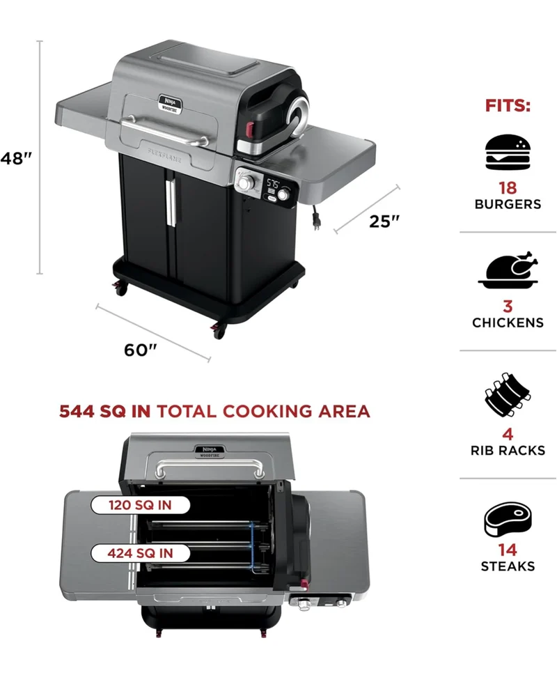 Ninja FlexFlame, Grill and Smoker, Electric and Propane Grill, Roaster, BBQ Grill, 5-in-1 Cooking System, 3 Burner, Digital Control, Outdoor Cooking, Griddle, Pizza Maker - Stainless Steel (PG301)