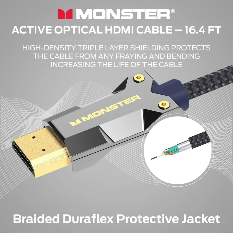 Monster M-Series Active Optical Cable Lightwave Certified Premium HDMI 2.1-48 Gbps Cable with Aluminum Extrusion Connector, V-Grip, Duraflex Protective Jacket - Supports 8K @ 60HZ, 4K @ 120HZ, 16.4 FT
