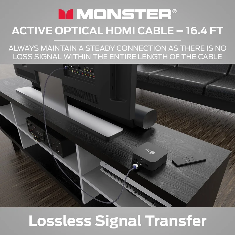 Monster M-Series Active Optical Cable Lightwave Certified Premium HDMI 2.1-48 Gbps Cable with Aluminum Extrusion Connector, V-Grip, Duraflex Protective Jacket - Supports 8K @ 60HZ, 4K @ 120HZ, 16.4 FT