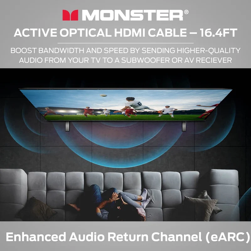 Monster M-Series Active Optical Cable Lightwave Certified Premium HDMI 2.1-48 Gbps Cable with Aluminum Extrusion Connector, V-Grip, Duraflex Protective Jacket - Supports 8K @ 60HZ, 4K @ 120HZ, 16.4 FT