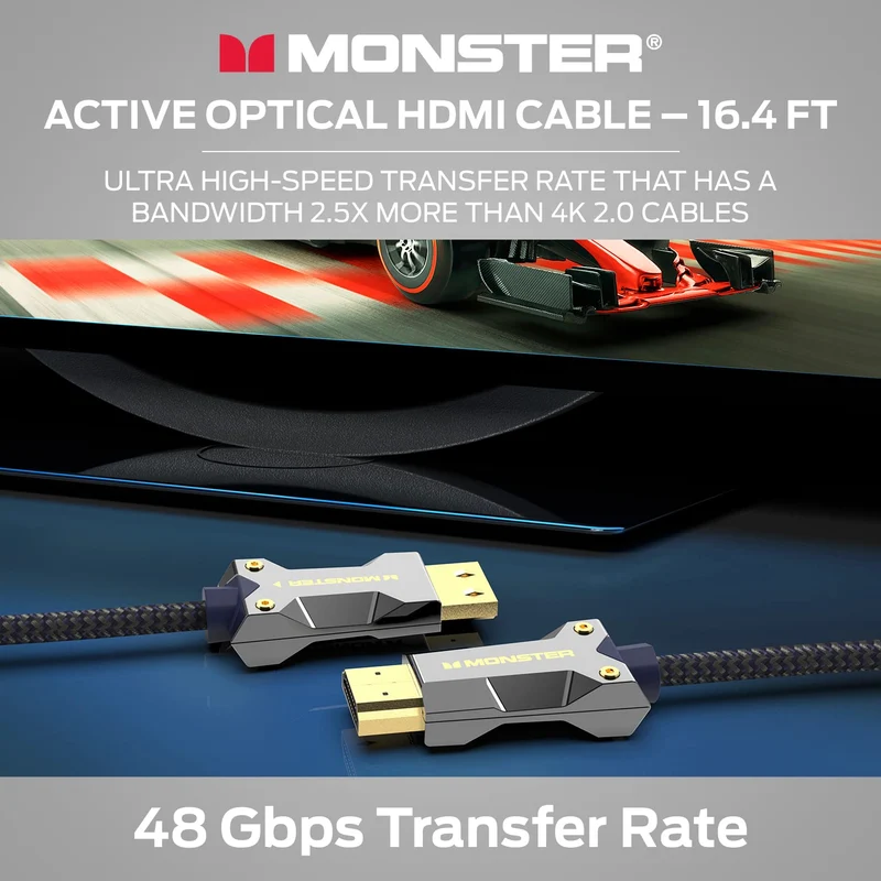 Monster M-Series Active Optical Cable Lightwave Certified Premium HDMI 2.1-48 Gbps Cable with Aluminum Extrusion Connector, V-Grip, Duraflex Protective Jacket - Supports 8K @ 60HZ, 4K @ 120HZ, 16.4 FT