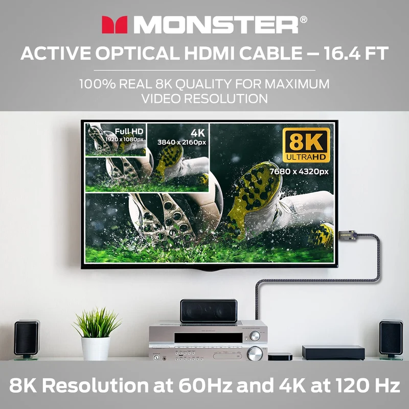 Monster M-Series Active Optical Cable Lightwave Certified Premium HDMI 2.1-48 Gbps Cable with Aluminum Extrusion Connector, V-Grip, Duraflex Protective Jacket - Supports 8K @ 60HZ, 4K @ 120HZ, 16.4 FT
