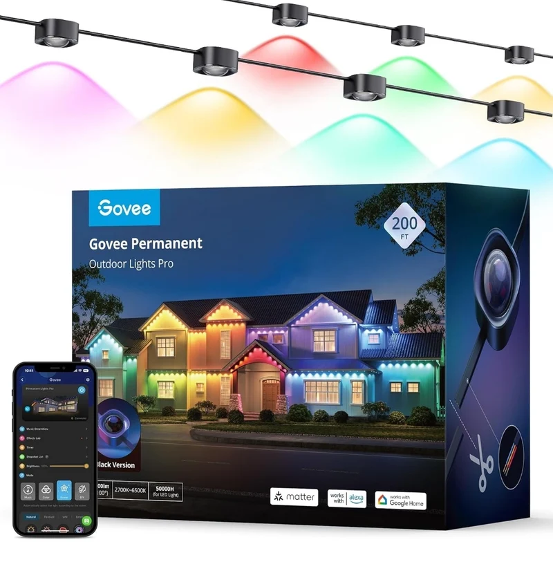 Permanent Outdoor Lights Pro, 200ft with 120 RGBIC LED Lights for Daily and Accent Lighting, 75 Scene Modes for Outdoor Decor, IP67 Waterproof, Works with Alexa, Google Assistant, Matter, Black