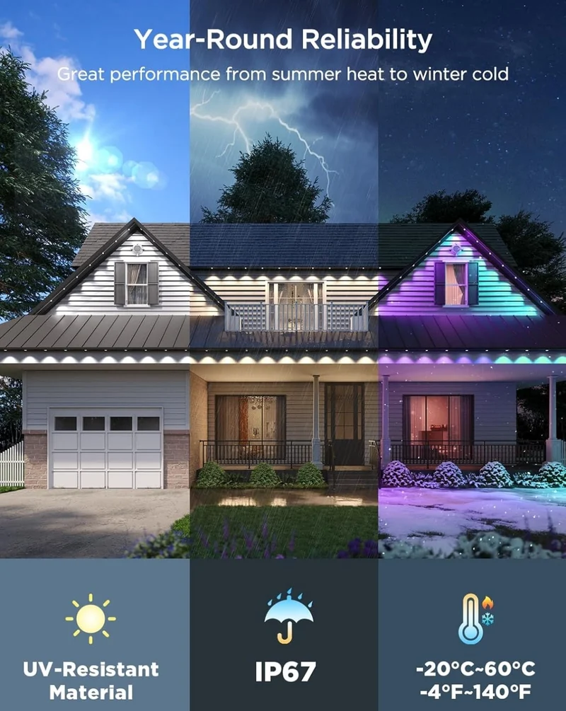 Permanent Outdoor Lights 2, 100ft RGBIC Outdoor Lights with 72 LED Lights, IP67 Waterproof, 100 Scene Modes with 40lm White for Outdoor Decorations, Works with Alexa, Google Assistant, White