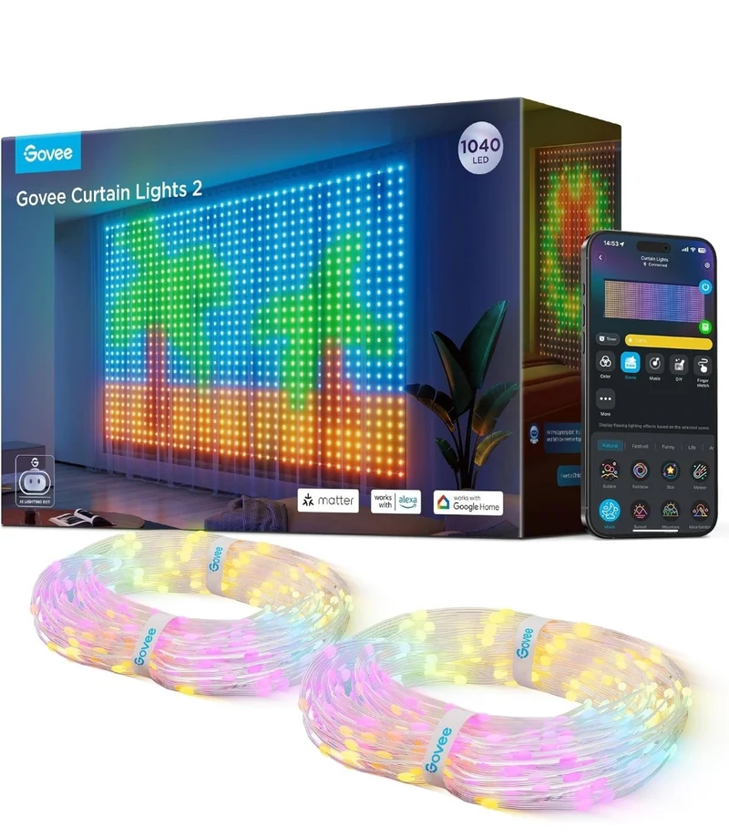 Curtain Lights 2, Smart LED Curtain Light with DIY GIF AIGC, 1040 LEDs, RGBIC Color Changing Christmas Lights for Holiday Bedroom Window Dynamic Decor, Outdoor IP65 Waterproof, 9.8×6.6ft