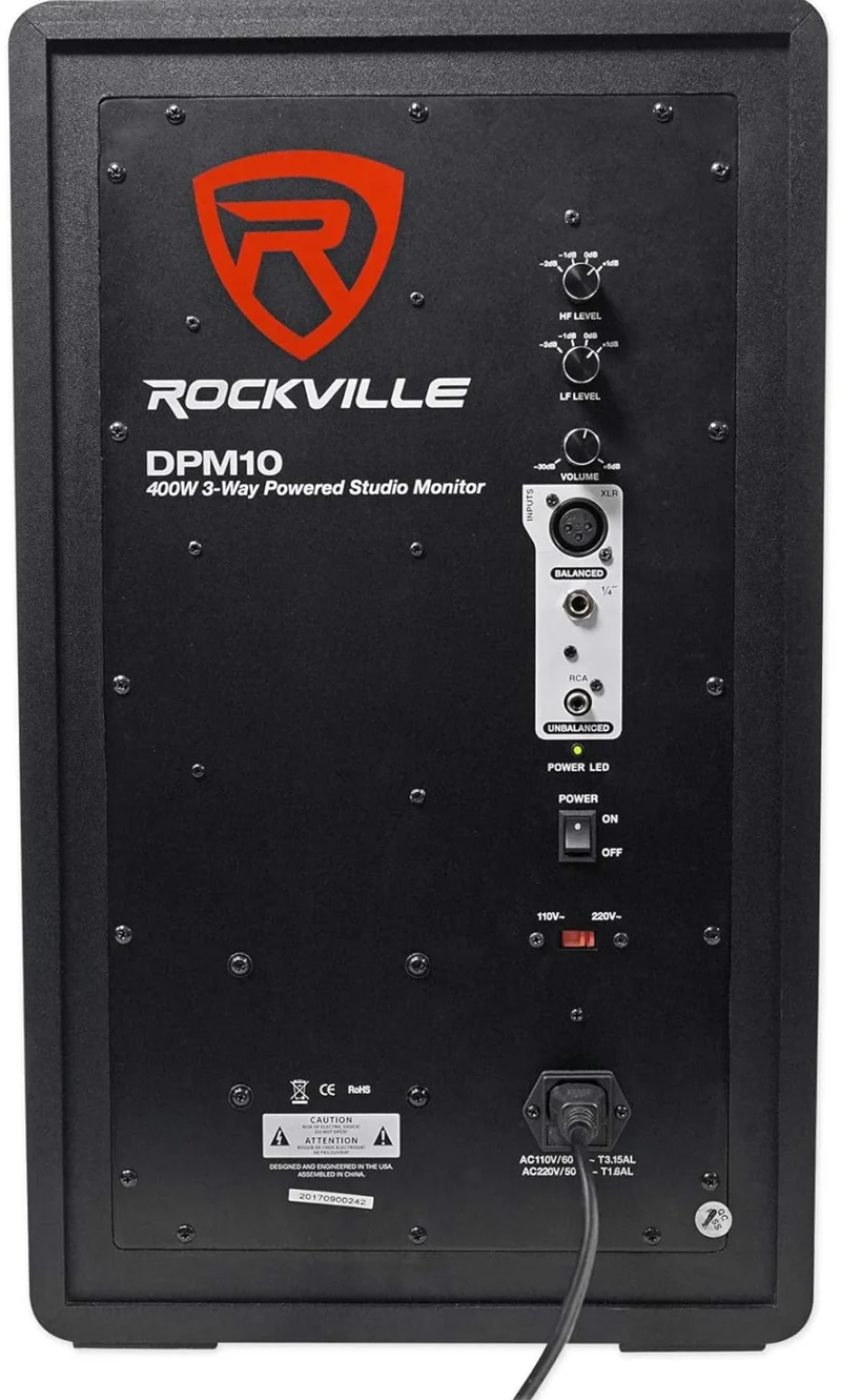 Rockville 10" 400w Powered Active 3-Way Studio Monitor Speaker Full Range, Black, 10 inch