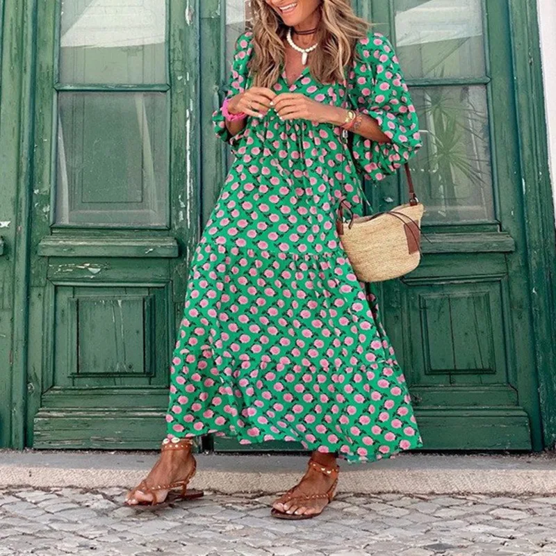 Robe longue élégante à manches bouffantes - Motifs