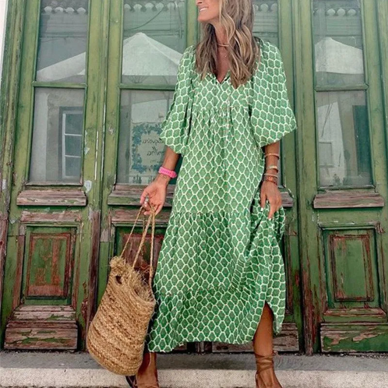 Robe longue élégante à manches bouffantes - Motifs