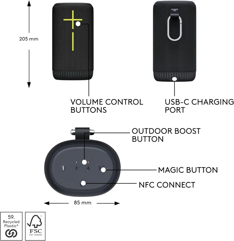 Ultimate Ears EVERBOOM Wireless Bluetooth Portable Speaker, Big Bass and Immersive 360-Degree Sound, Floatable Waterproof Speaker IP67, up to 20-Hour Battery and 180 ft (55 m) Range - Charcoal Black