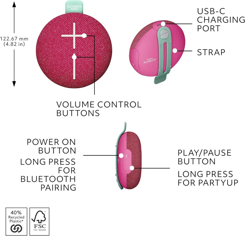 Ultimate Ears MINIROLL Ultra-Portable Waterproof Bluetooth Speaker, Big Bass, IP67 Dustproof, 131 ft Range - Gentle Pink
