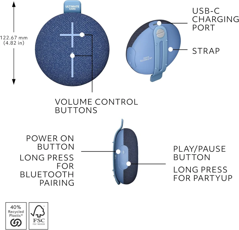 Ultimate Ears MINIROLL Ultra-Portable Waterproof Bluetooth Speaker, Big Bass, IP67 Dustproof, 131 ft Range - Gentle Blue