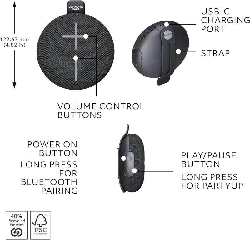Ultimate Ears MINIROLL Ultra-Portable Waterproof Bluetooth Speaker, Big Bass, IP67 Dustproof, 131 ft (40 m) Range - Gentle Black