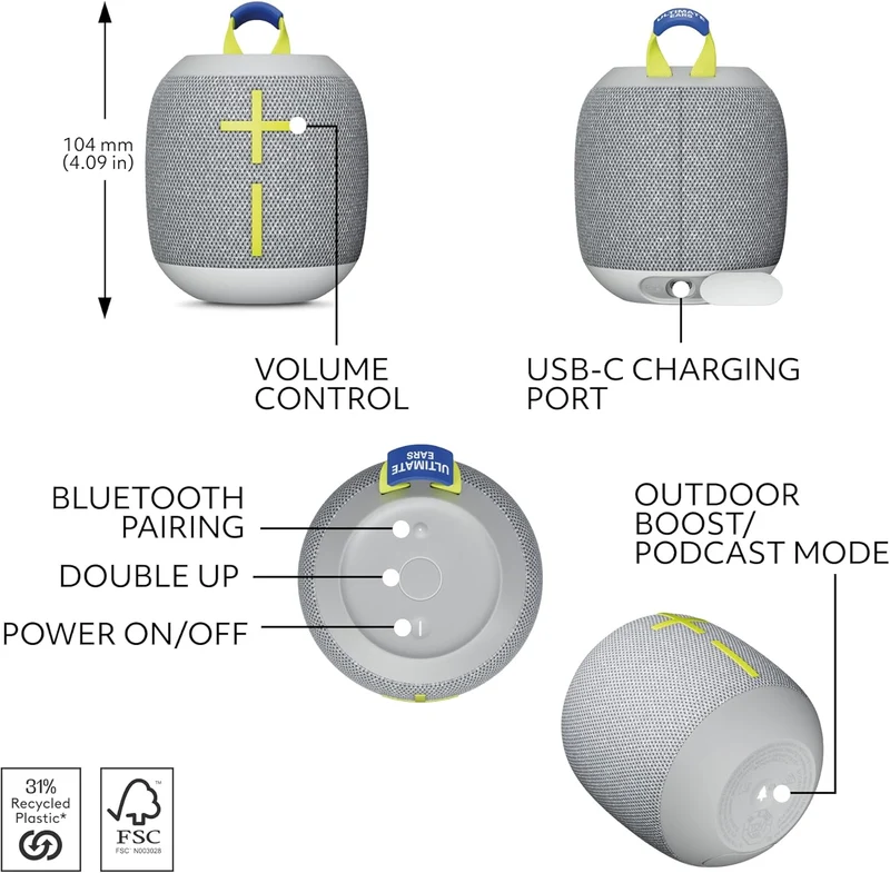 Ultimate Ears WONDERBOOM 4 Outdoor Speakers Bluetooth Waterproof with Big Bass & 360-Degree Sound, Dustproof Floating Wireless Speaker, 131ft Range - Gray