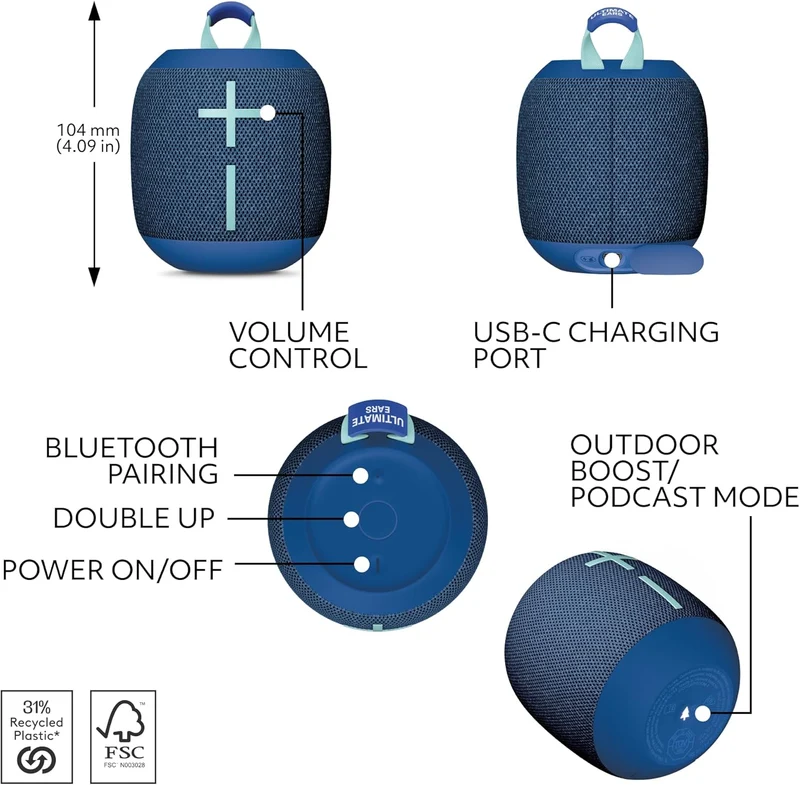 Ultimate Ears WONDERBOOM 4 Outdoor Speakers Bluetooth Waterproof with Big Bass & 360-Degree Sound, Dustproof Floating Wireless Speaker, 131ft Range - Blue