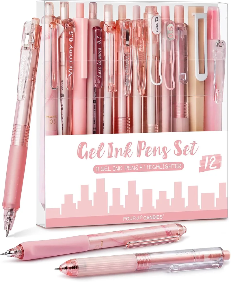 Rose Series Gel Pens, Cute Writing Pens w/ Black & Pink Ink, 0.5 mm Smooth Fine Point School Office Supplies Aesthetic Desk Accessories for Women - Set of 12