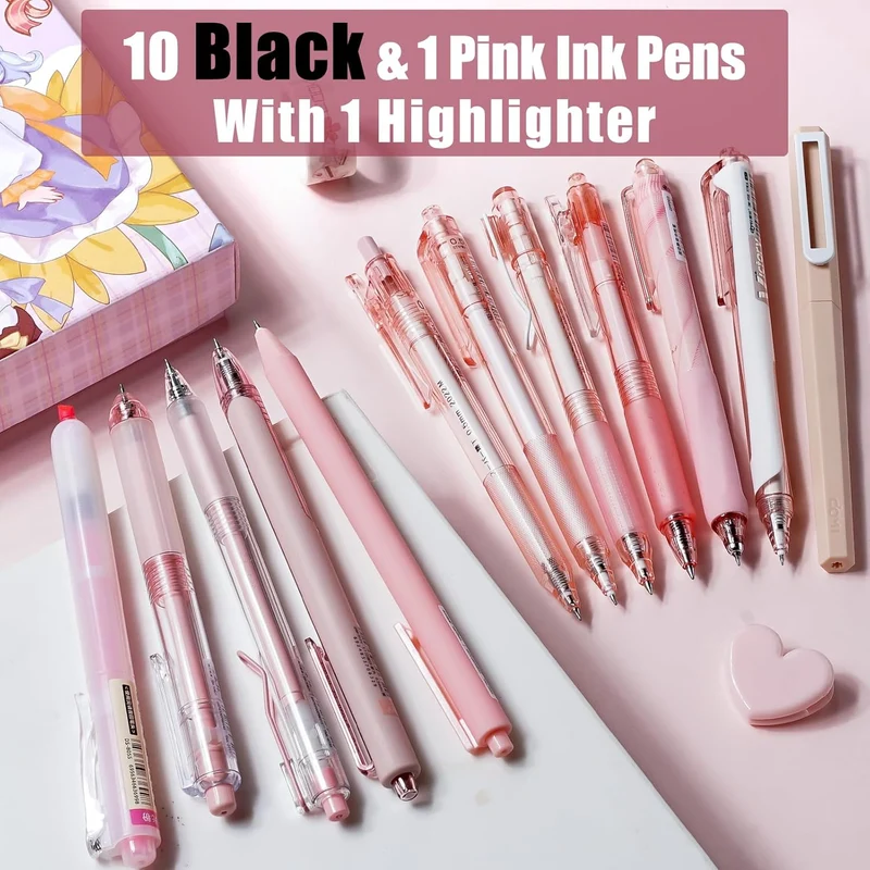 Rose Series Gel Pens, Cute Writing Pens w/ Black & Pink Ink, 0.5 mm Smooth Fine Point School Office Supplies Aesthetic Desk Accessories for Women - Set of 12