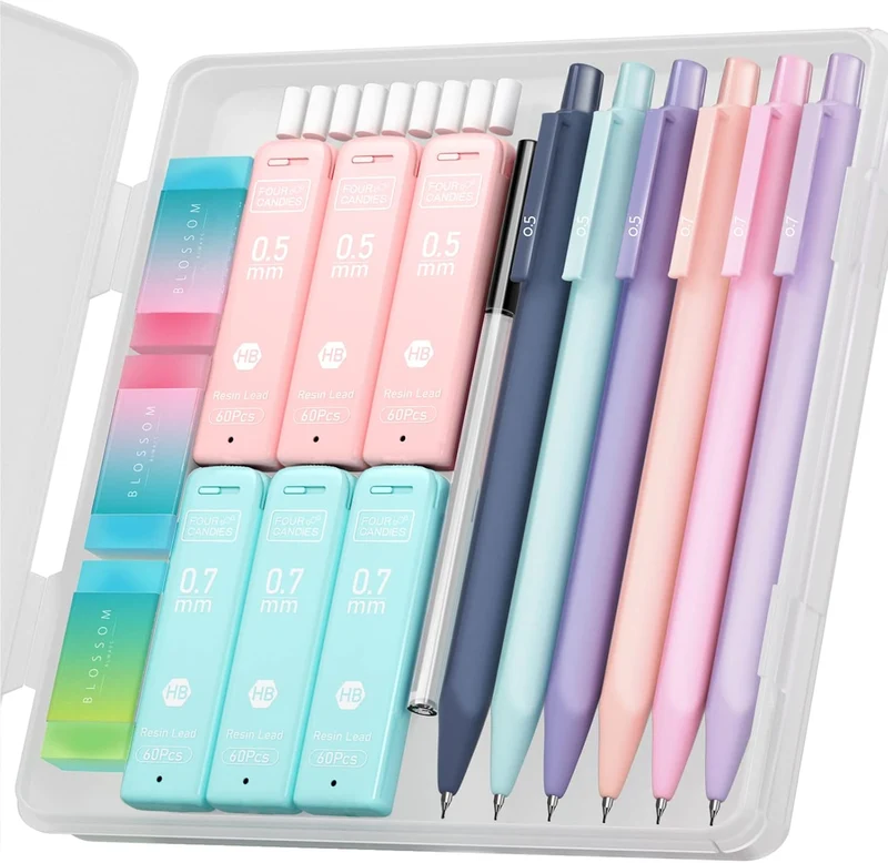 Cute Mechanical Pencil Sets, 6PCS Pastel 0.5 & 0.7mm w/ 360PCS HB Pencil Leads, 3PCS Erasers and 9PCS Eraser Refills, Aesthetic Mechanical Pencils