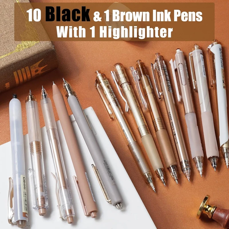 Moor Series Gel Pens, Aesthetic Black & Brown Ink Pens w/ 0.5 mm Fine Point School Office Supplies Neutral Beige Desk Accessories - Set of 12