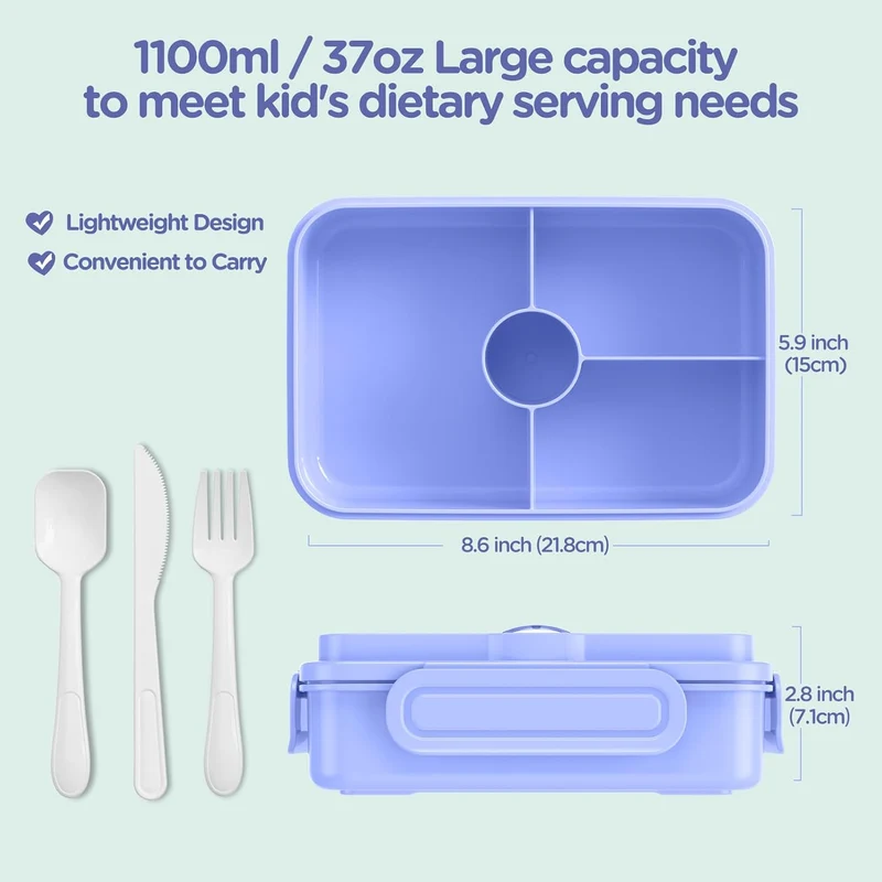 Bento Lunch Box for Kids - Leakproof Bento Boxes w/ 4 Compartments - Reusable On-the-Go Meal - Macaron
