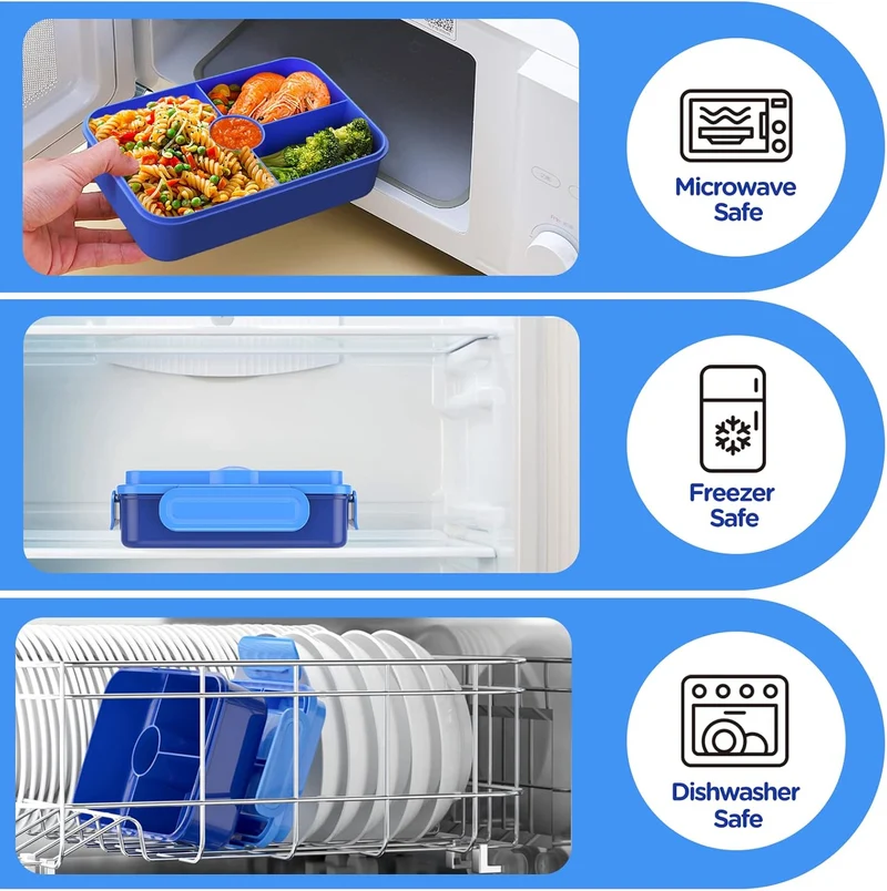 Bento Lunch Box for Kids - Leakproof w/ 4 Compartments Tableware - Reusable On-the-Go Meal - Blue